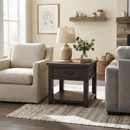 Pine Farmhouse End Table with Drawer Storage, Rustic Side Table, Barnwood Brown