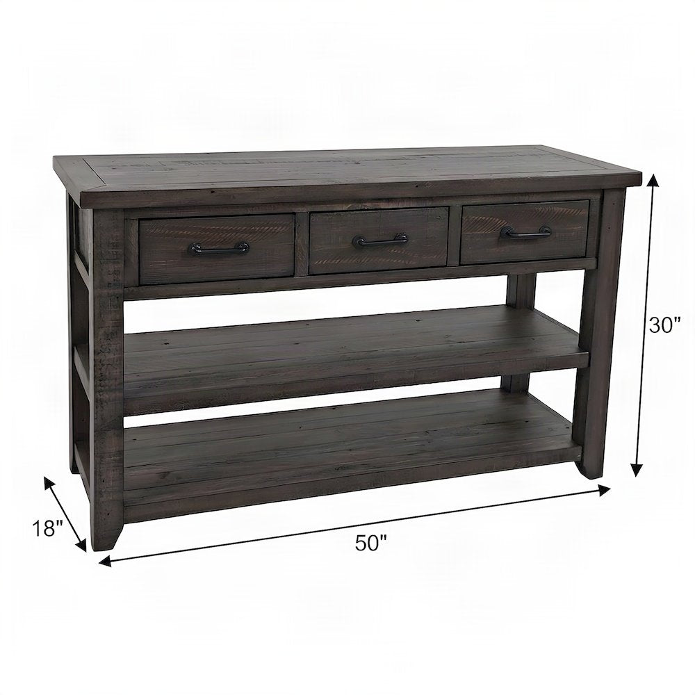 Pine Farmhouse Sofa Console Table with 3 Drawers for Entryway, Barnwood Brown