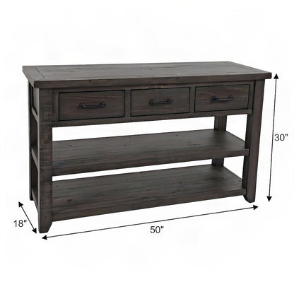 Pine Farmhouse Sofa Console Table with 3 Drawers for Entryway, Barnwood Brown
