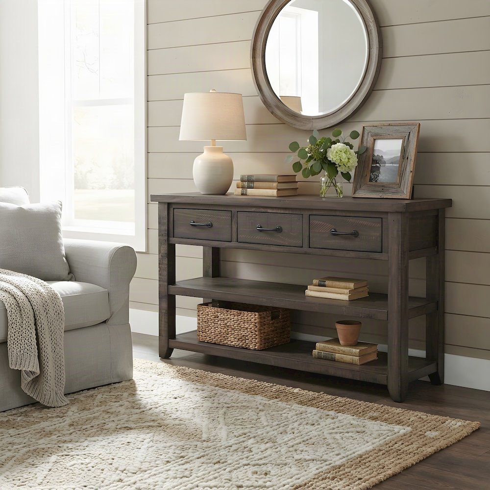 Pine Farmhouse Sofa Console Table with 3 Drawers for Entryway, Barnwood Brown