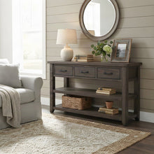 Pine Farmhouse Sofa Console Table with 3 Drawers for Entryway, Barnwood Brown
