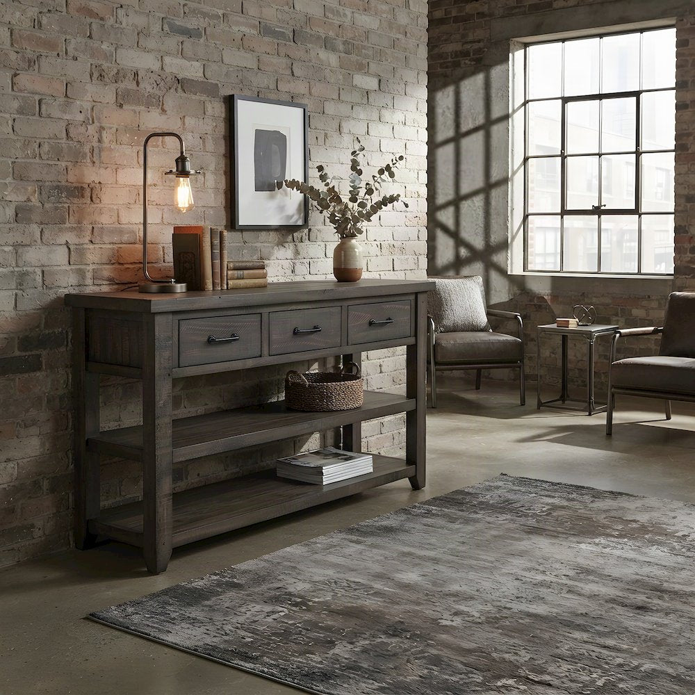 Pine Farmhouse Sofa Console Table with 3 Drawers for Entryway, Barnwood Brown