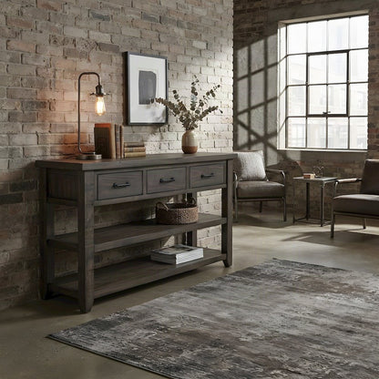 Pine Farmhouse Sofa Console Table with 3 Drawers for Entryway, Barnwood Brown