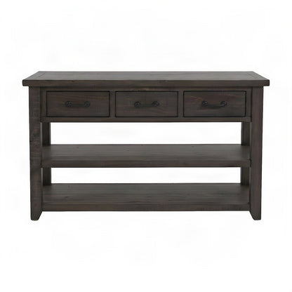 Pine Farmhouse Sofa Console Table with 3 Drawers for Entryway, Barnwood Brown