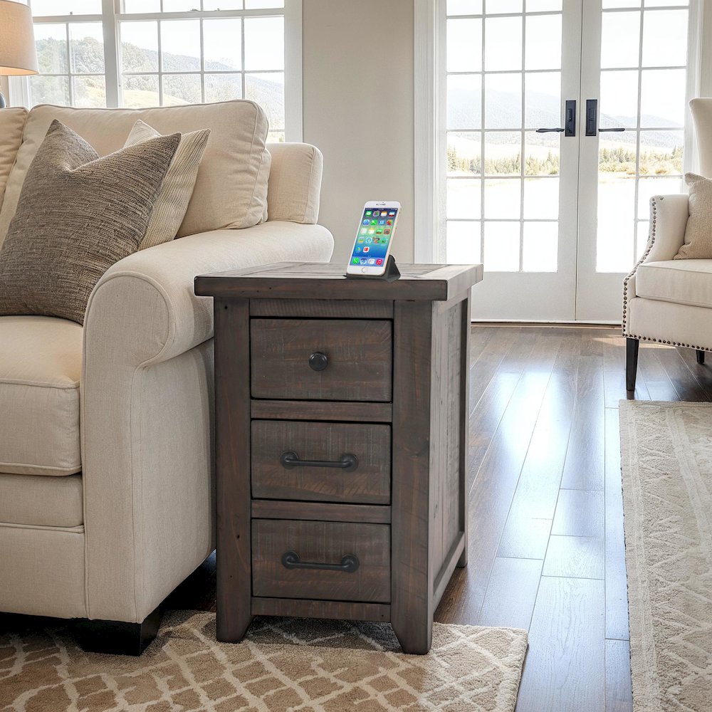 Rustic Reclaimed Pine Farmhouse Harris USB Charging Chairside Table