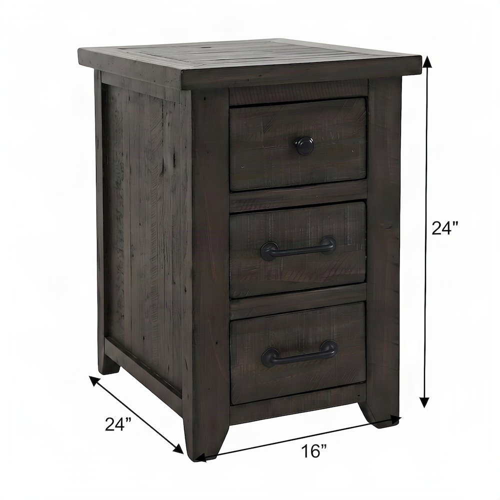 Pine Farmhouse Nightstand with USB Charging Station, 3-Drawer, Barnwood Brown