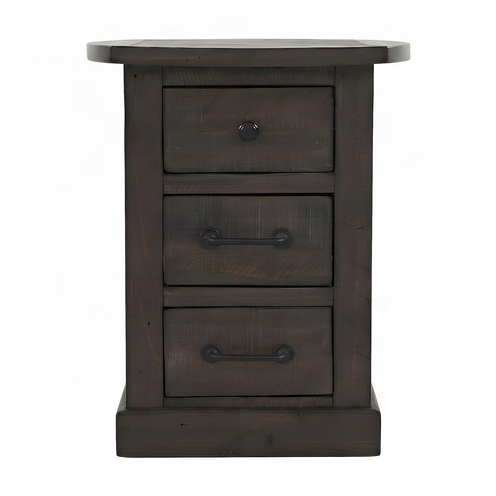 Pine Farmhouse Nightstand with USB Charging Station, 3-Drawer, Barnwood Brown