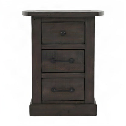 Pine Farmhouse Nightstand with USB Charging Station, 3-Drawer, Barnwood Brown