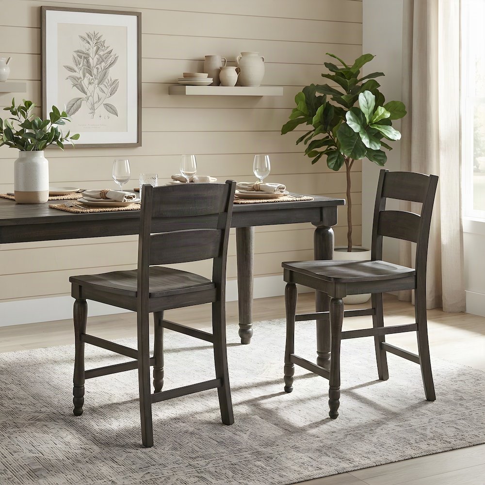 Distressed Pine Farmhouse Ladderback Counter Stools, Set of 2, Barnwood Brown