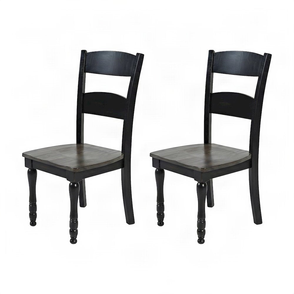 Pine Ladderback Farmhouse Dining Chairs, Distressed, Set of 2, Vintage Black