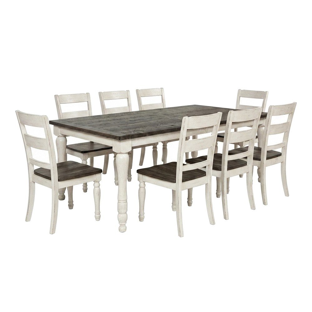 Distressed Pine Dining Table Set with Chairs 9 Piece Set, Vintage White