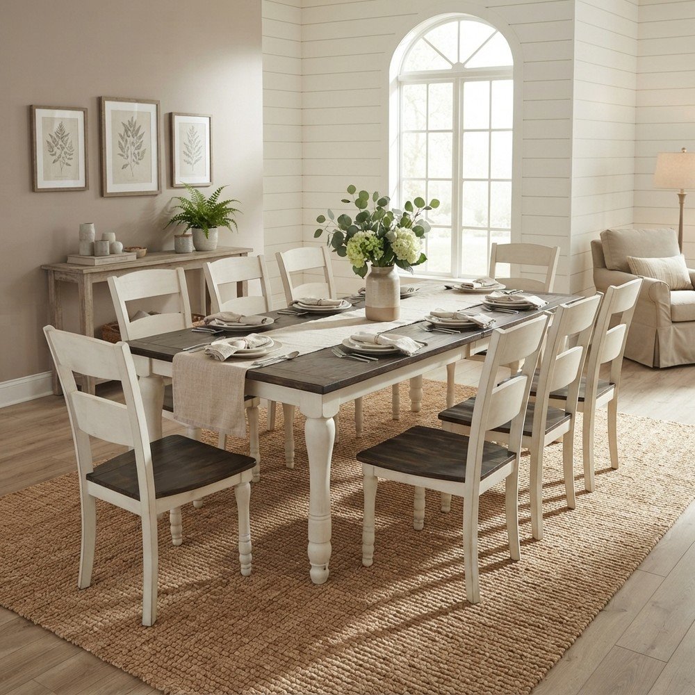 Distressed Pine Dining Table Set with Chairs 9 Piece Set, Vintage White