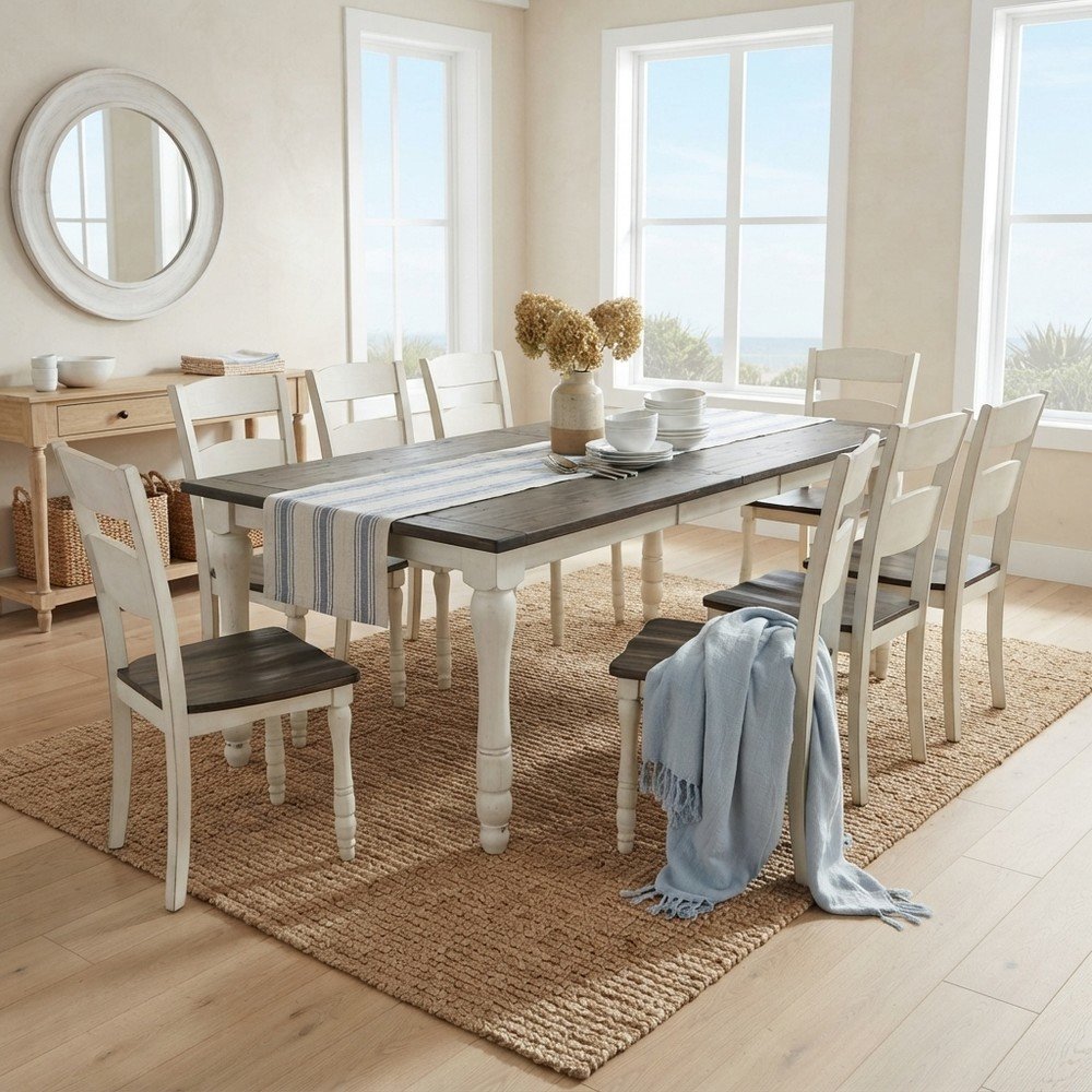 Distressed Pine Dining Table Set with Chairs 9 Piece Set, Vintage White