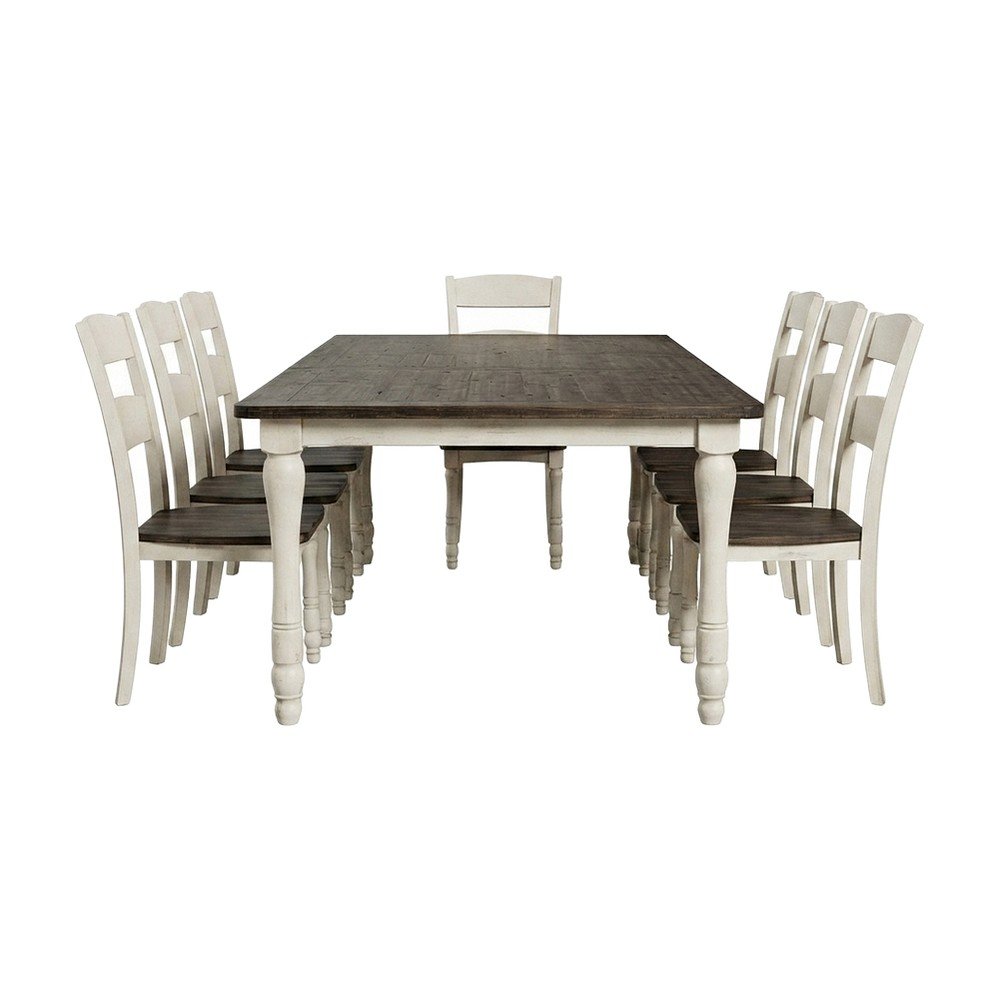 Distressed Pine Dining Table Set with Chairs 9 Piece Set, Vintage White