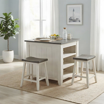 Solid Pine Farmhouse Counter Height Dining Table, 3 Piece Set, Vintage White