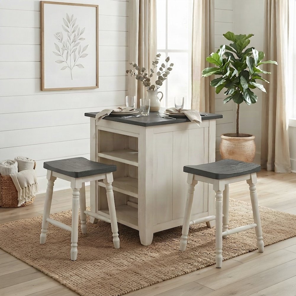 Solid Pine Farmhouse Counter Height Dining Table, 3 Piece Set, Vintage White