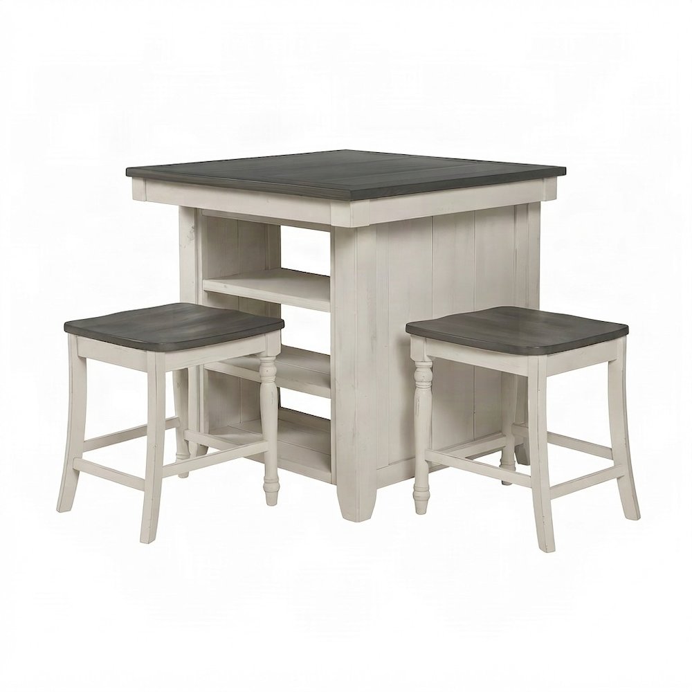 Solid Pine Farmhouse Counter Height Dining Table, 3 Piece Set, Vintage White