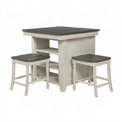 Solid Pine Farmhouse Counter Height Dining Table, 3 Piece Set, Vintage White