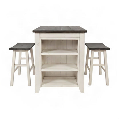 Solid Pine Farmhouse Counter Height Dining Table, 3 Piece Set, Vintage White