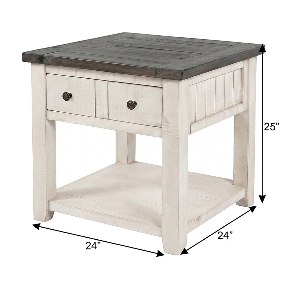 Pine Farmhouse End Table with Distressed Finish and Two Drawers, Vintage White