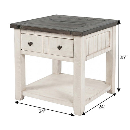 Pine Farmhouse End Table with Distressed Finish and Two Drawers, Vintage White