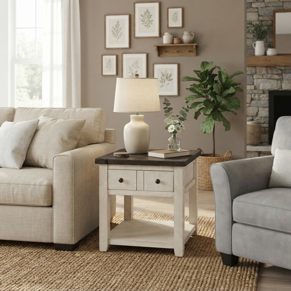 Pine Farmhouse End Table with Distressed Finish and Two Drawers, Vintage White