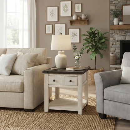 Pine Farmhouse End Table with Distressed Finish and Two Drawers, Vintage White