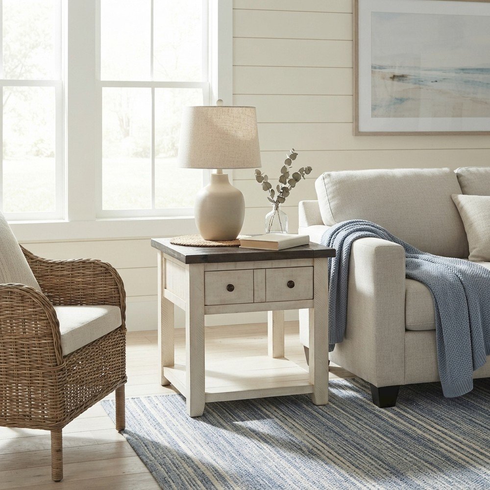 Pine Farmhouse End Table with Distressed Finish and Two Drawers, Vintage White