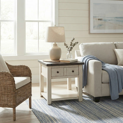 Pine Farmhouse End Table with Distressed Finish and Two Drawers, Vintage White