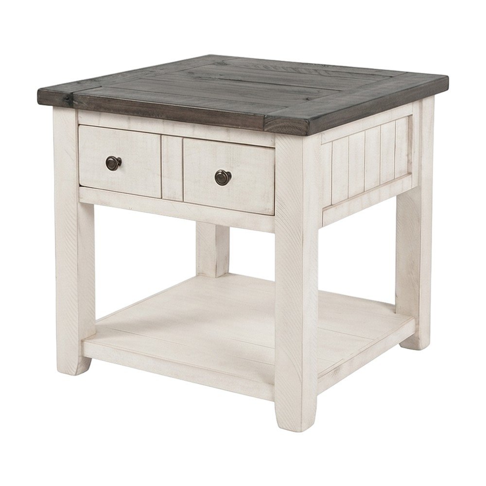 Pine Farmhouse End Table with Distressed Finish and Two Drawers, Vintage White
