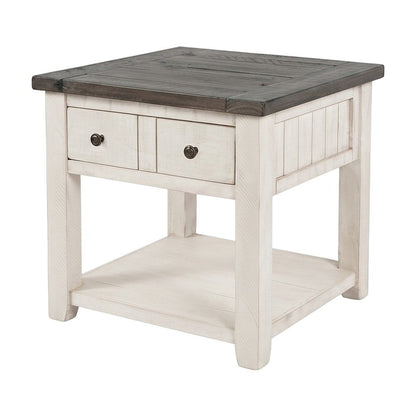 Pine Farmhouse End Table with Distressed Finish and Two Drawers, Vintage White