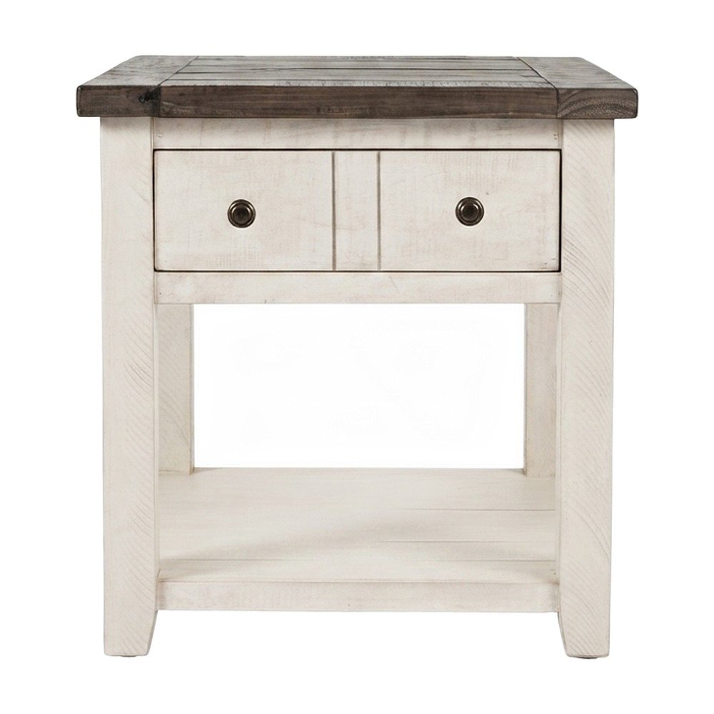 Pine Farmhouse End Table with Distressed Finish and Two Drawers, Vintage White