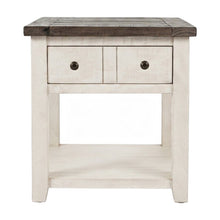 Pine Farmhouse End Table with Distressed Finish and Two Drawers, Vintage White