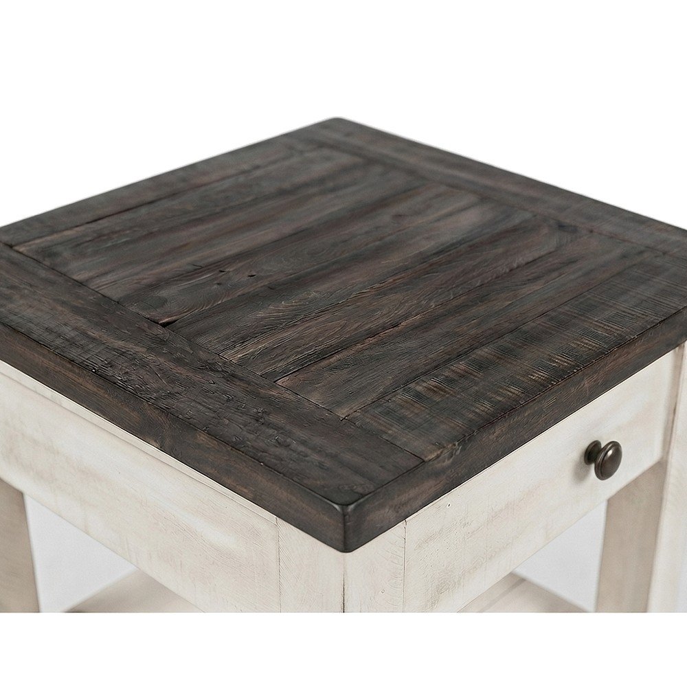 Pine Farmhouse End Table with Distressed Finish and Two Drawers, Vintage White
