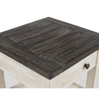 Pine Farmhouse End Table with Distressed Finish and Two Drawers, Vintage White