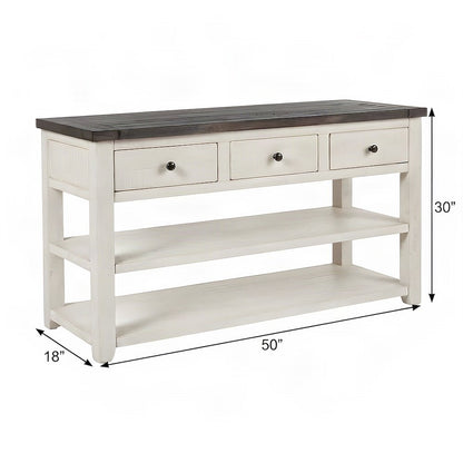 Rustic Distressed Solid Pine Farmhouse Console and Sofa Table, 3 Drawers, White