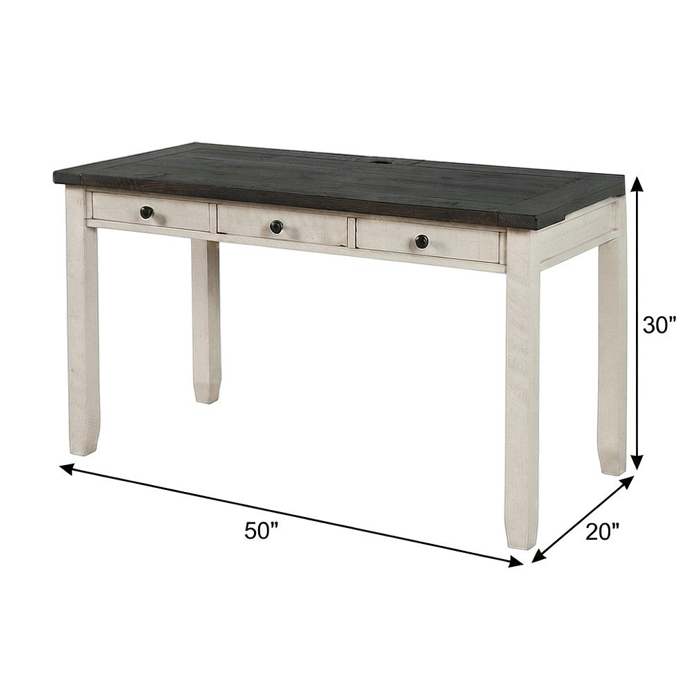 Solid Pine Farmhouse Writing Desk with Drawer and USB Charging, Vintage White