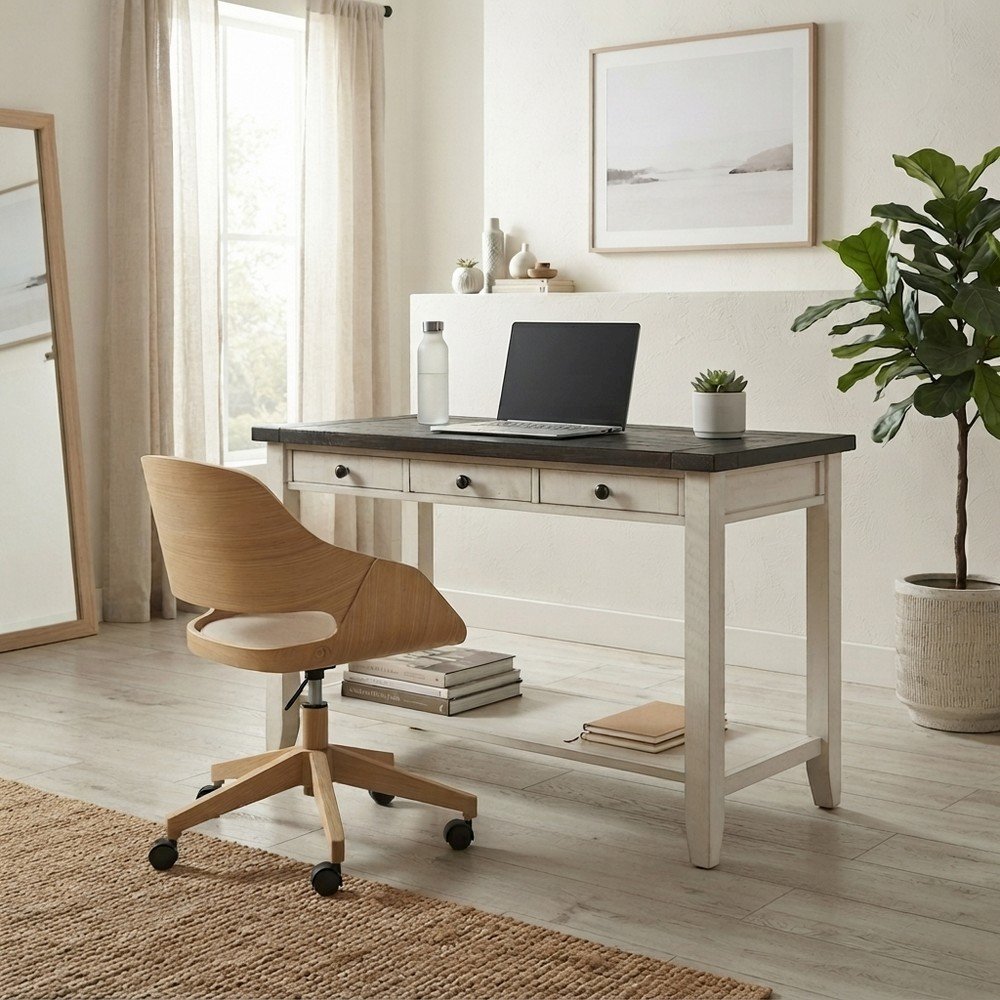 Solid Pine Farmhouse Writing Desk with Drawer and USB Charging, Vintage White
