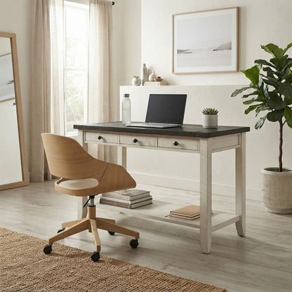 Solid Pine Farmhouse Writing Desk with Drawer and USB Charging, Vintage White
