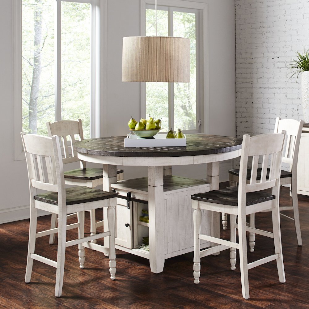 Rustic Farmhouse Five Piece Reclaimed Solid Wood Counter Height Round Dining Set