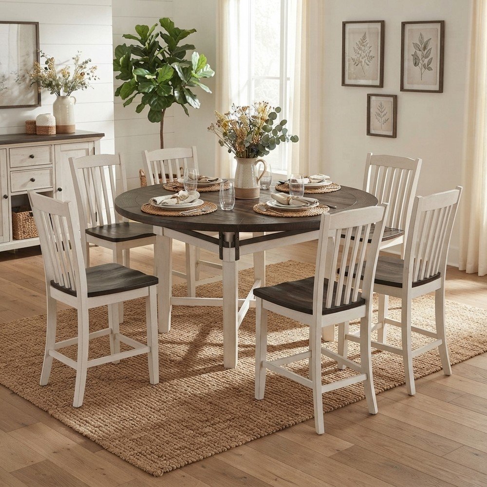 Solid Pine Round Counter Height Dining Table 7 Piece Set, Vintage White
