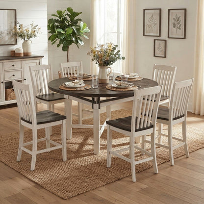 Solid Pine Round Counter Height Dining Table 7 Piece Set, Vintage White
