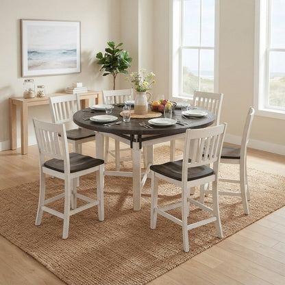 Solid Pine Round Counter Height Dining Table 7 Piece Set, Vintage White