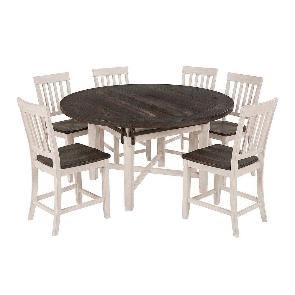 Solid Pine Round Counter Height Dining Table 7 Piece Set, Vintage White