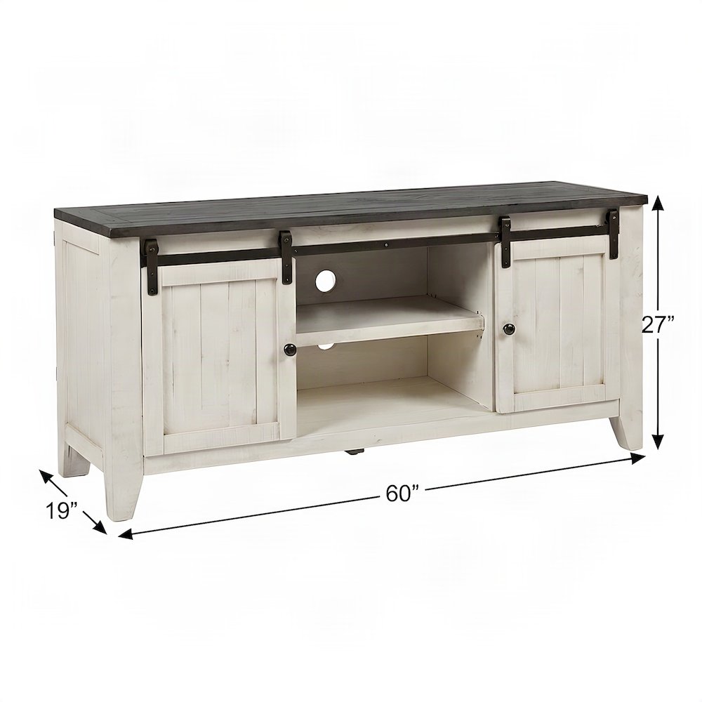 Distressed Pine Farmhouse TV Stand with Barn Doors and 6 Drawers, White
