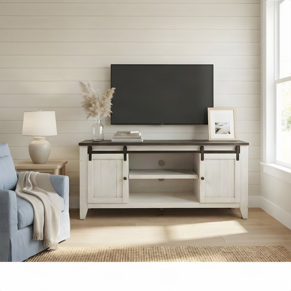 Distressed Pine Farmhouse TV Stand with Barn Doors and 6 Drawers, White