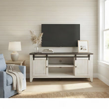 Distressed Pine Farmhouse TV Stand with Barn Doors and 6 Drawers, White