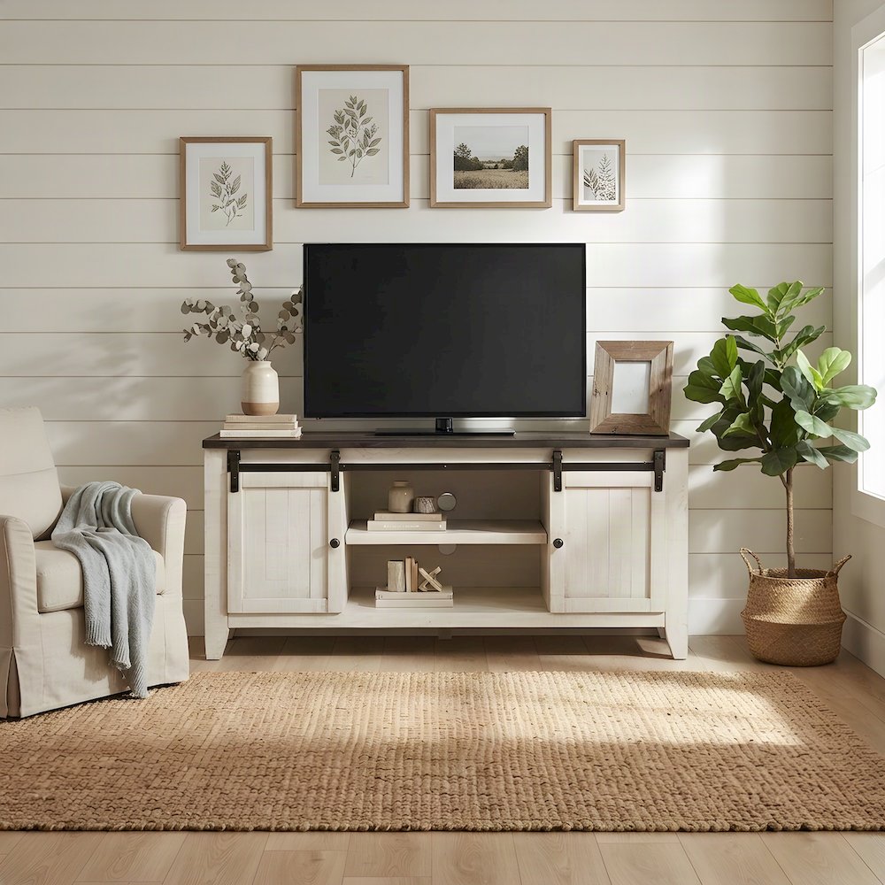 Distressed Pine Farmhouse TV Stand with Barn Doors and 6 Drawers, White