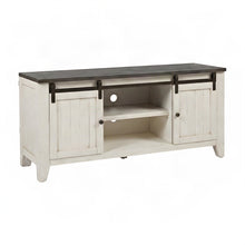 Distressed Pine Farmhouse TV Stand with Barn Doors and 6 Drawers, White