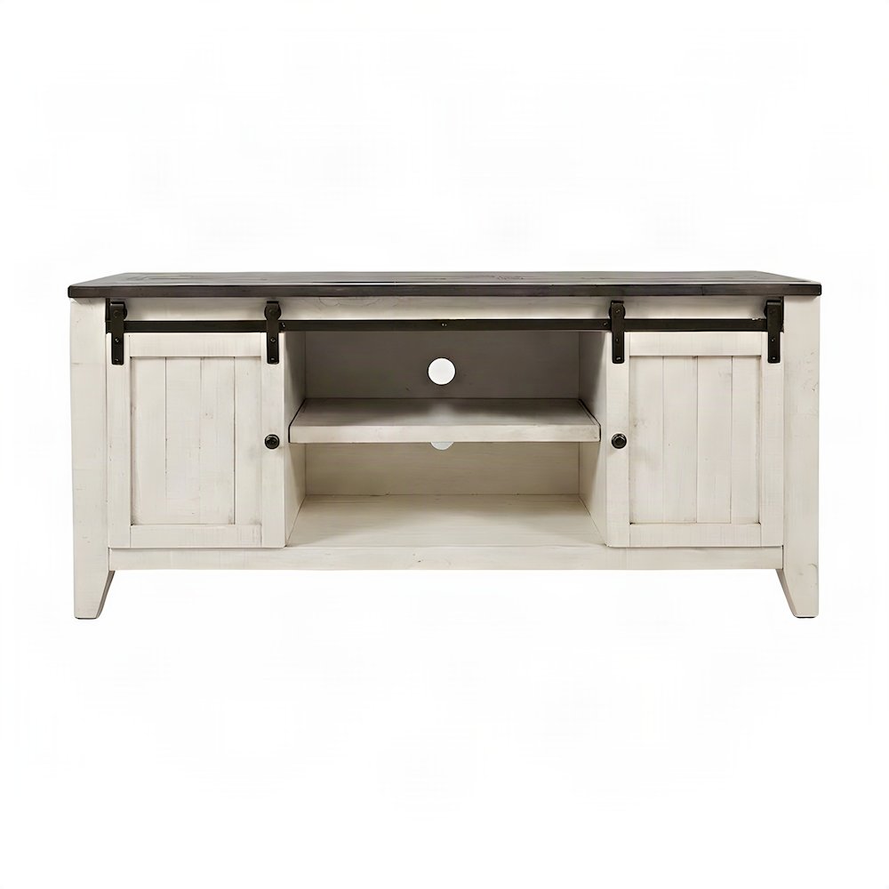 Distressed Pine Farmhouse TV Stand with Barn Doors and 6 Drawers, White